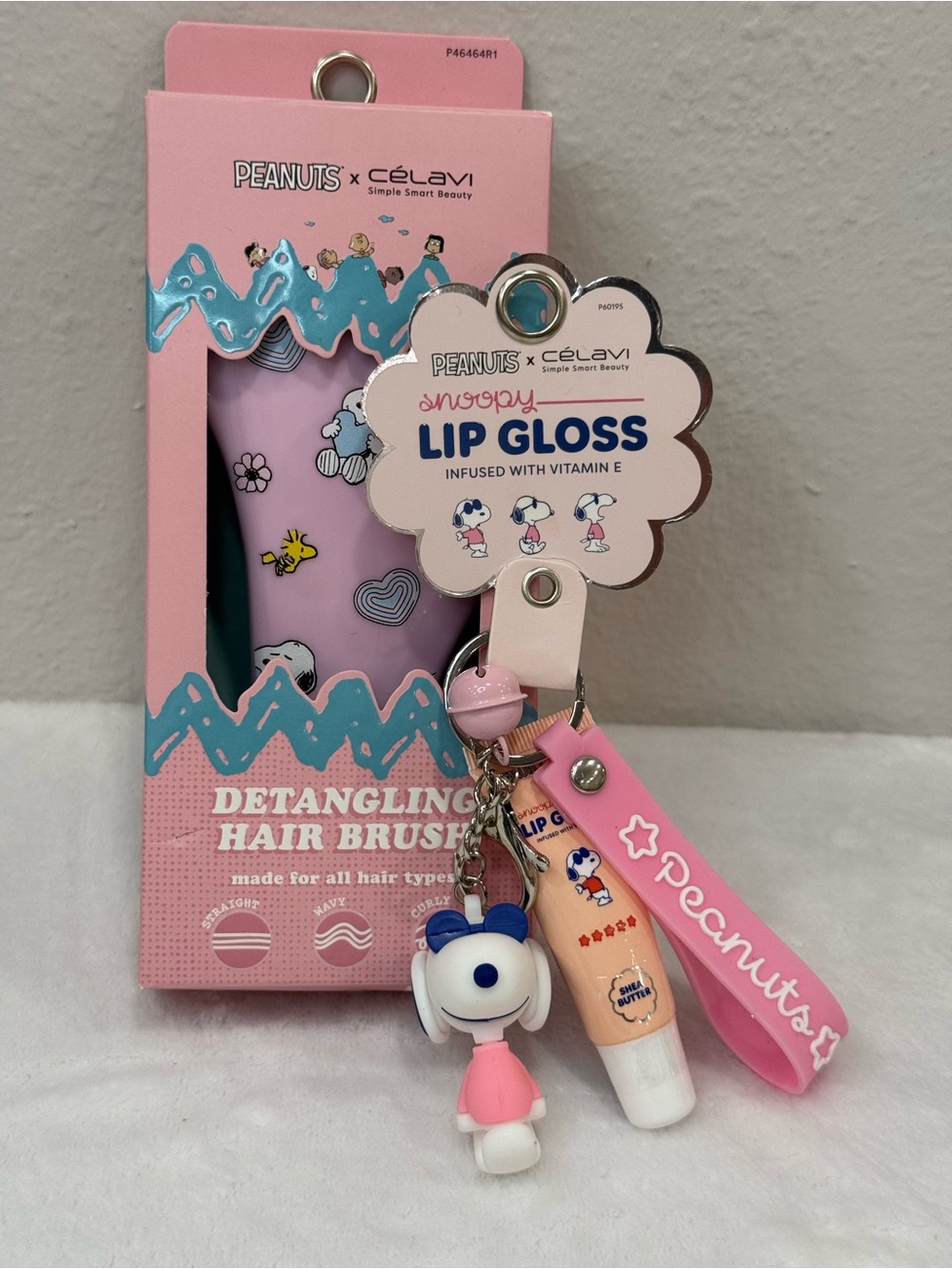 Peanuts Pink Snoopy Lip Gloss & Detangling Hair Brush Keychain Set